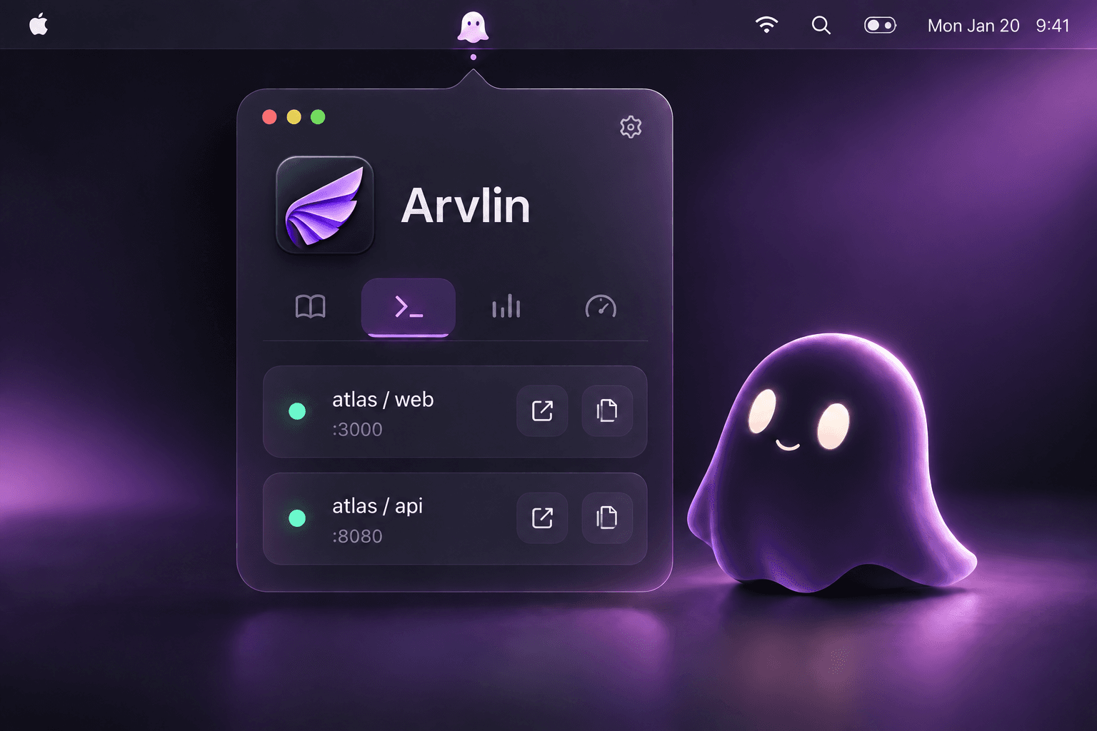 Concept showing quick access to Arvlin from the desktop and menu bar