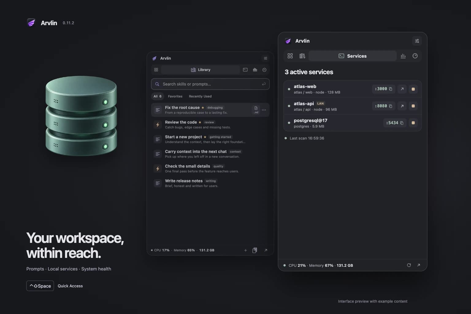 Arvlin 0.11 Quick Access in graphite, with an illustrative services preview using example projects.