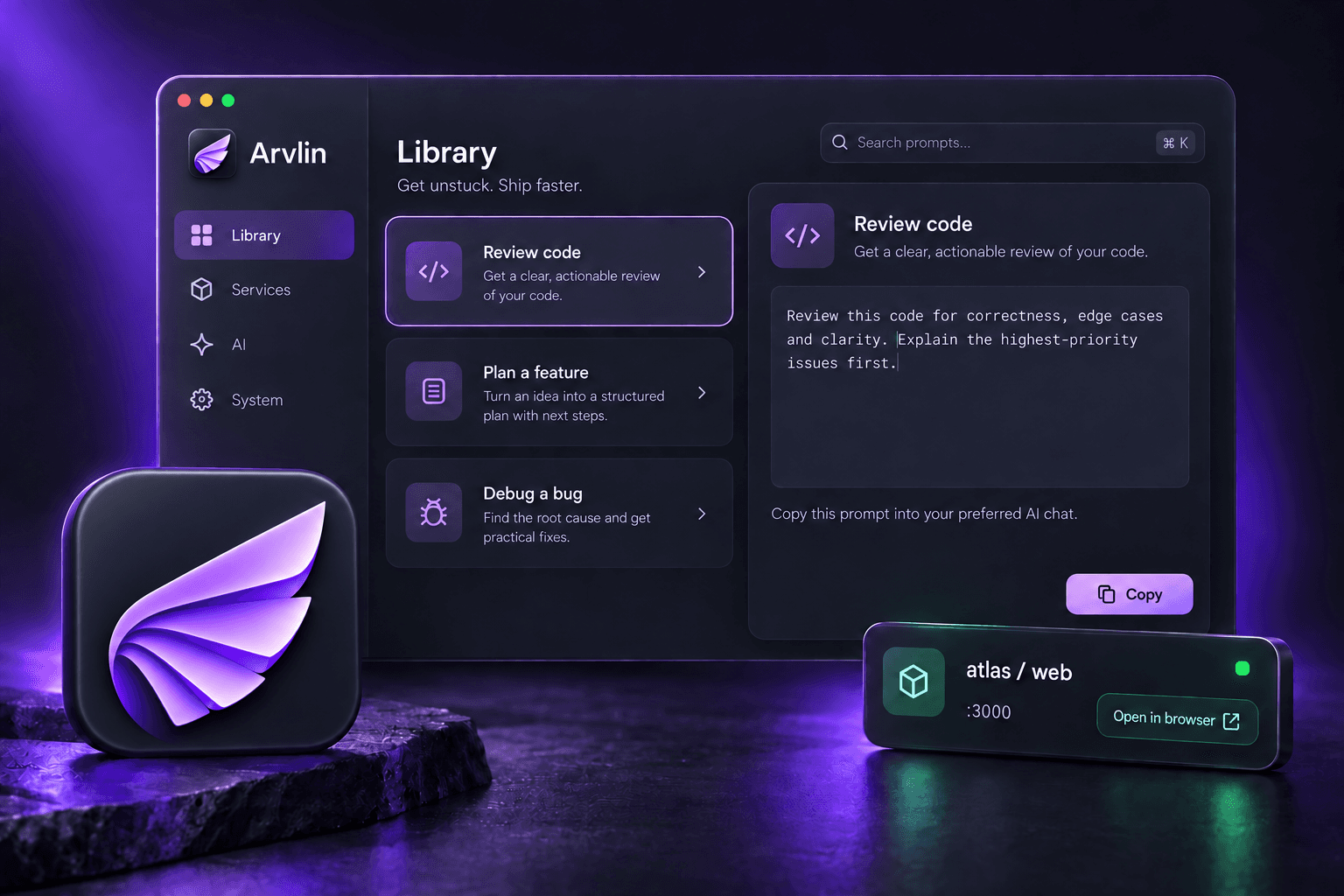 Arvlin workspace presentation in a purple-lit setting
