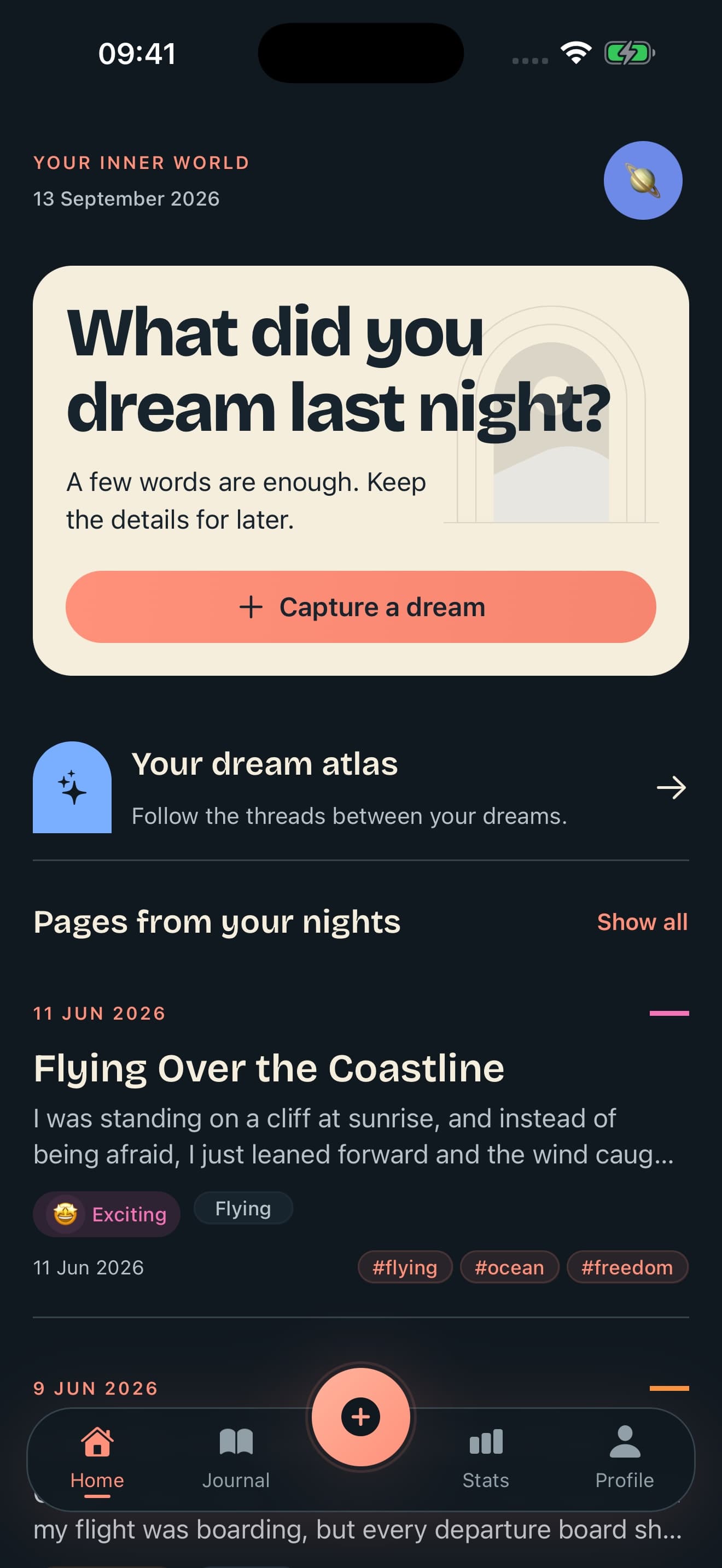 Dusora home screen and dream atlas entry in English