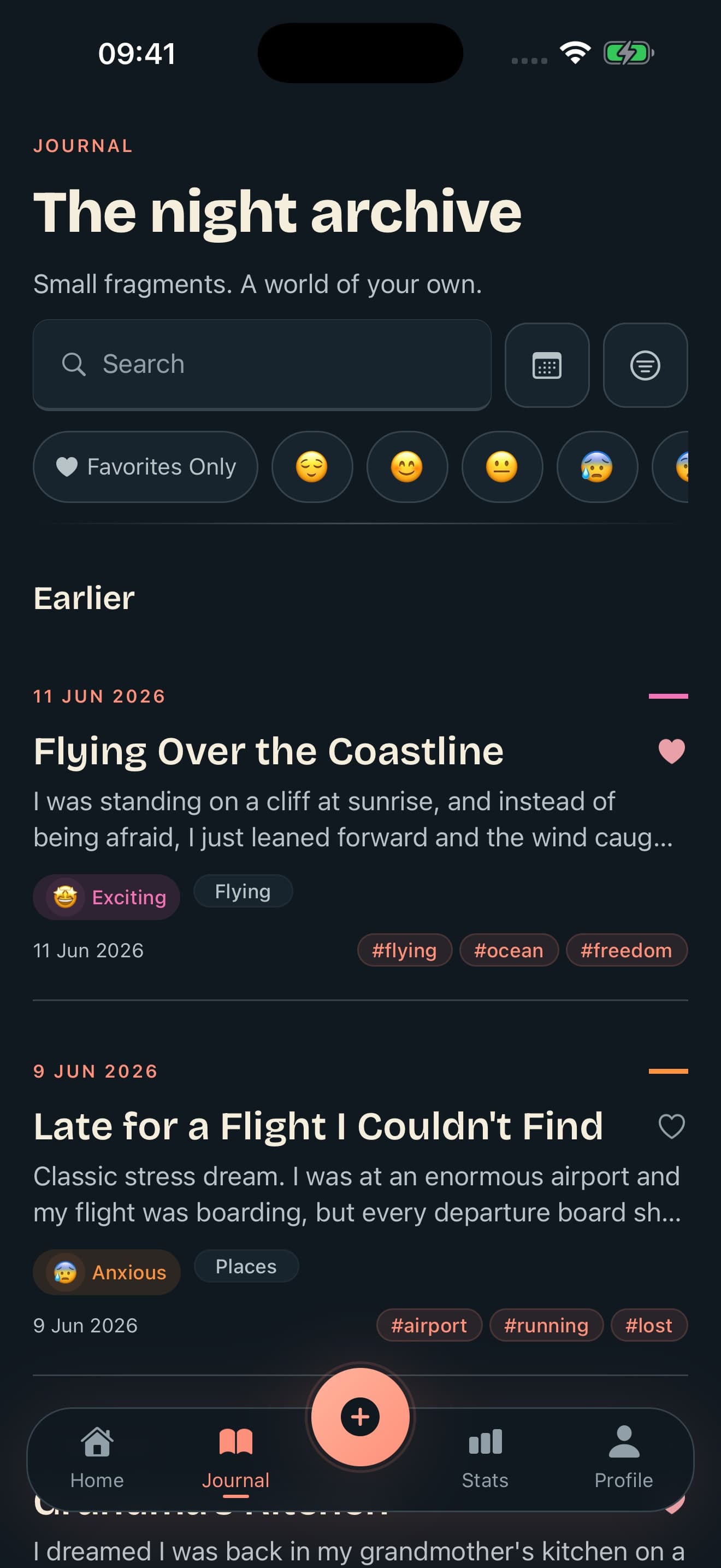 Dusora dream journal with sample English entries
