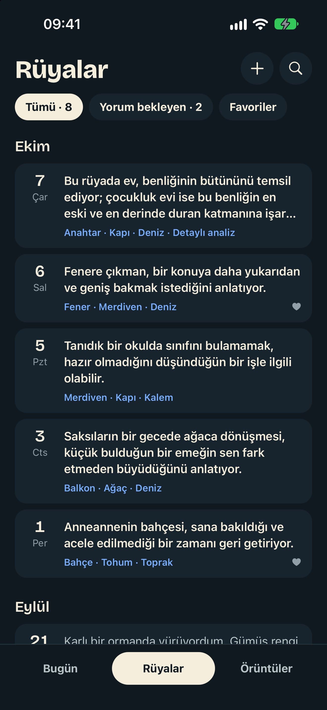 Dusora’nın Türkçe Rüyalar listesi: aya göre kayıtlar ve sembol etiketleri