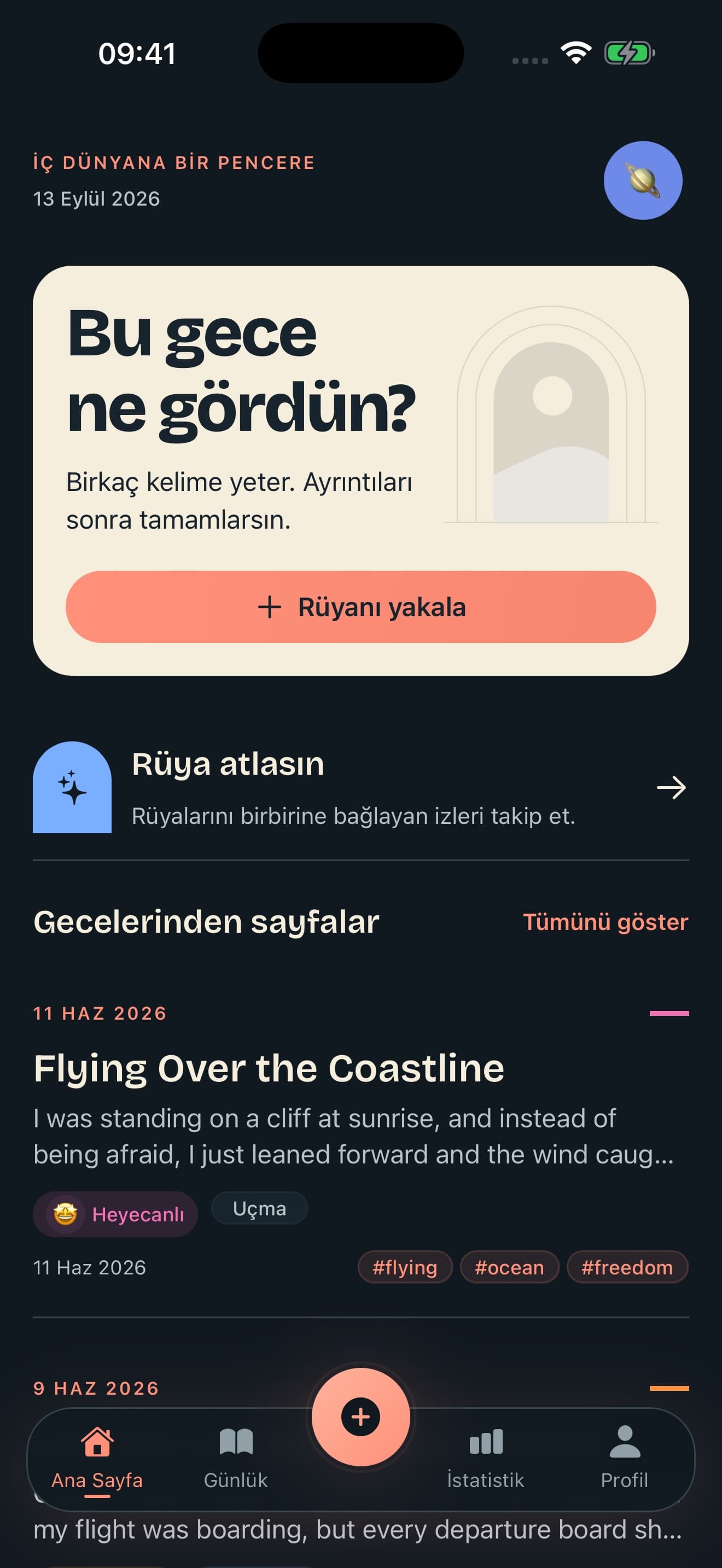 Dusora’nın Türkçe ana ekranı ve rüya atlası bağlantısı