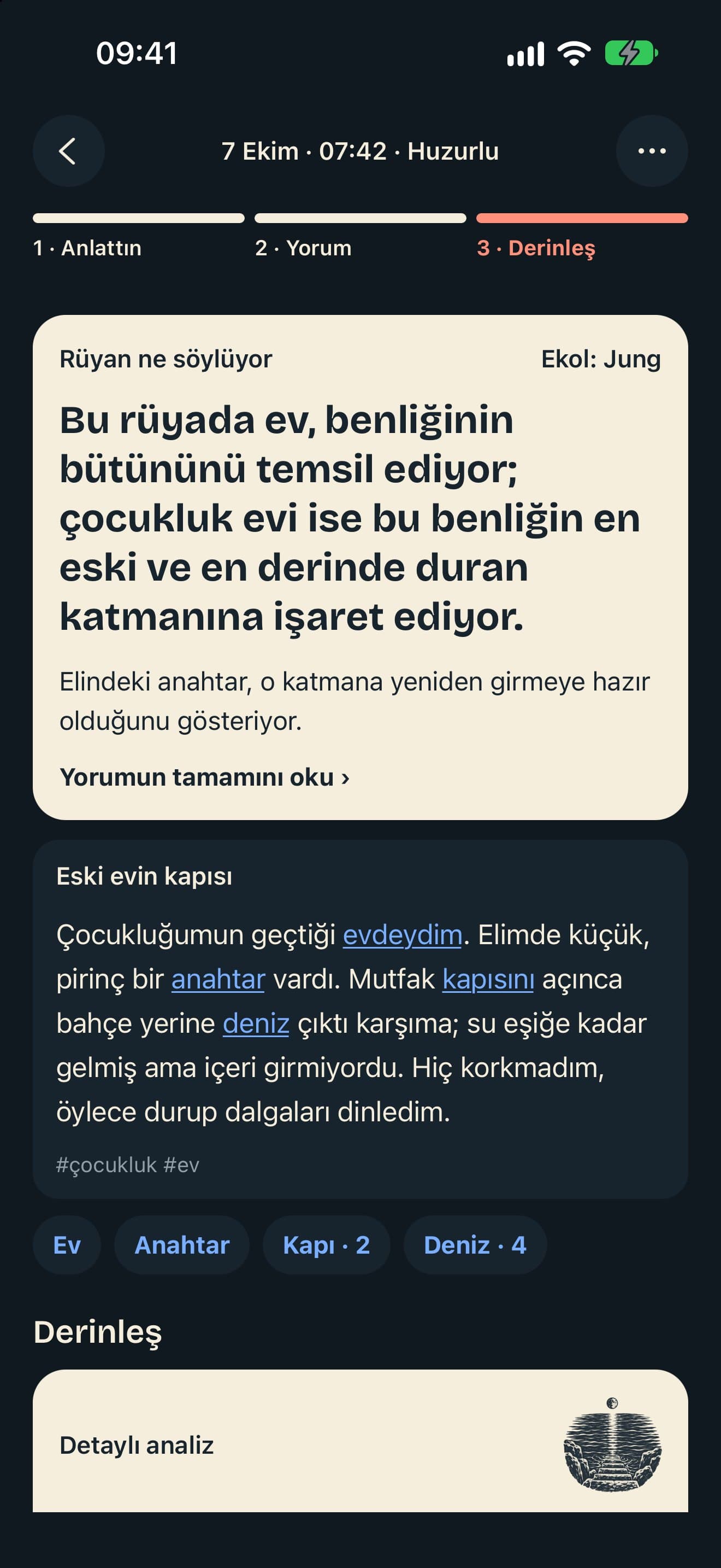 Dusora’nın Türkçe yorum ekranı: rüyanın anlamı, altı çizili semboller ve sembol etiketleri