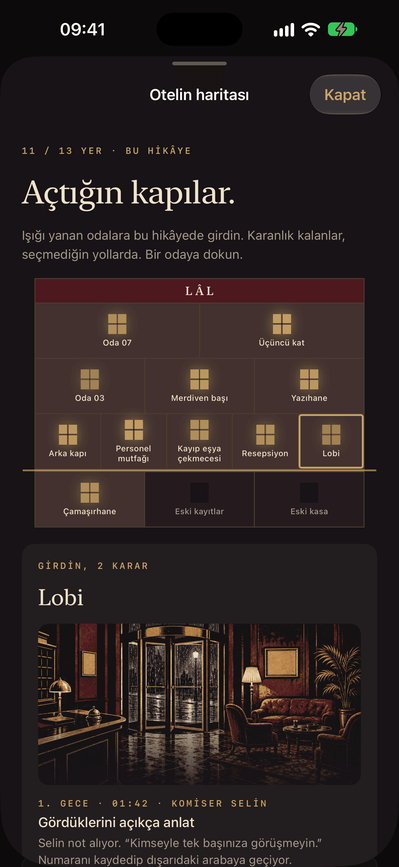 Gece Müdürü hotel map in Turkish (“Otelin haritası”): eleven of thirteen places opened, the lobby selected