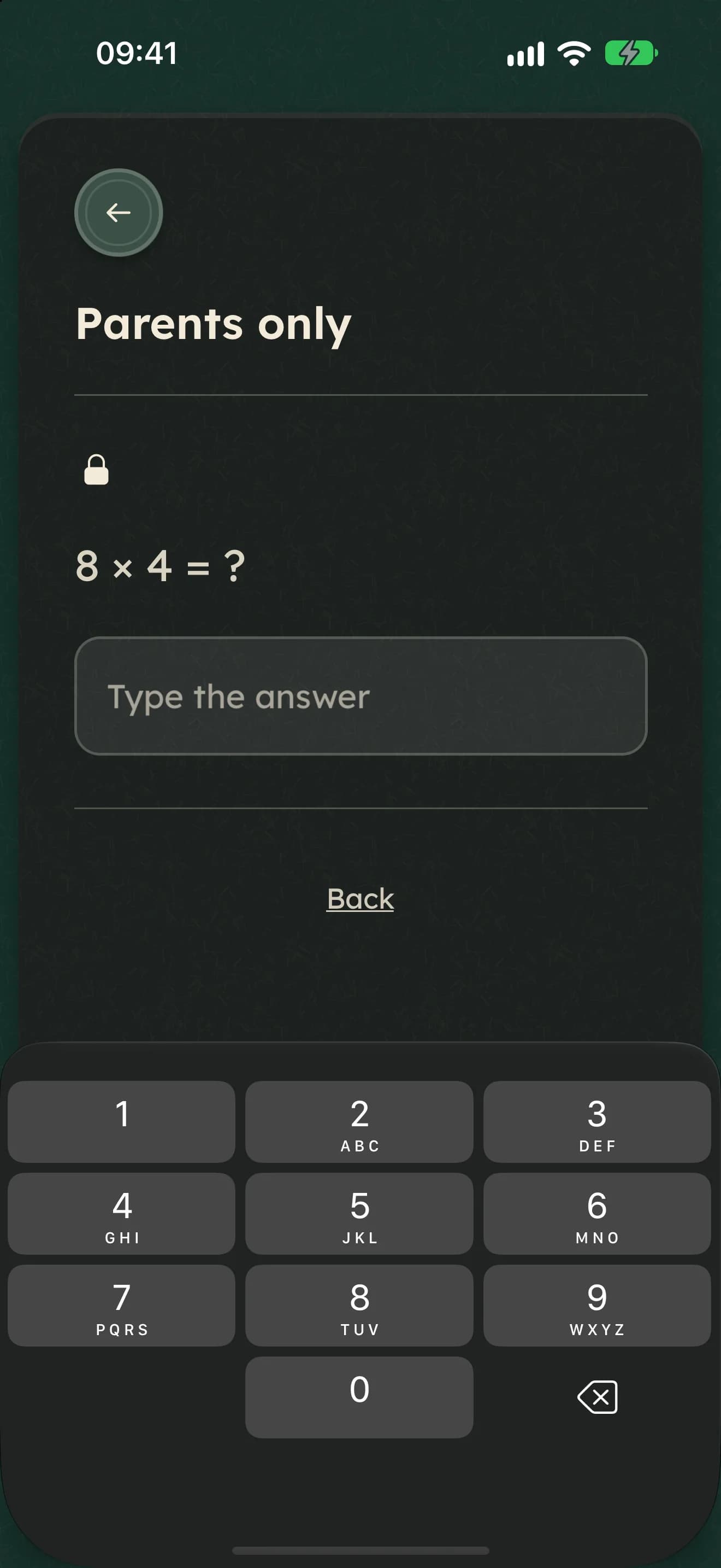 Parental gate: Parents only, with an arithmetic question
