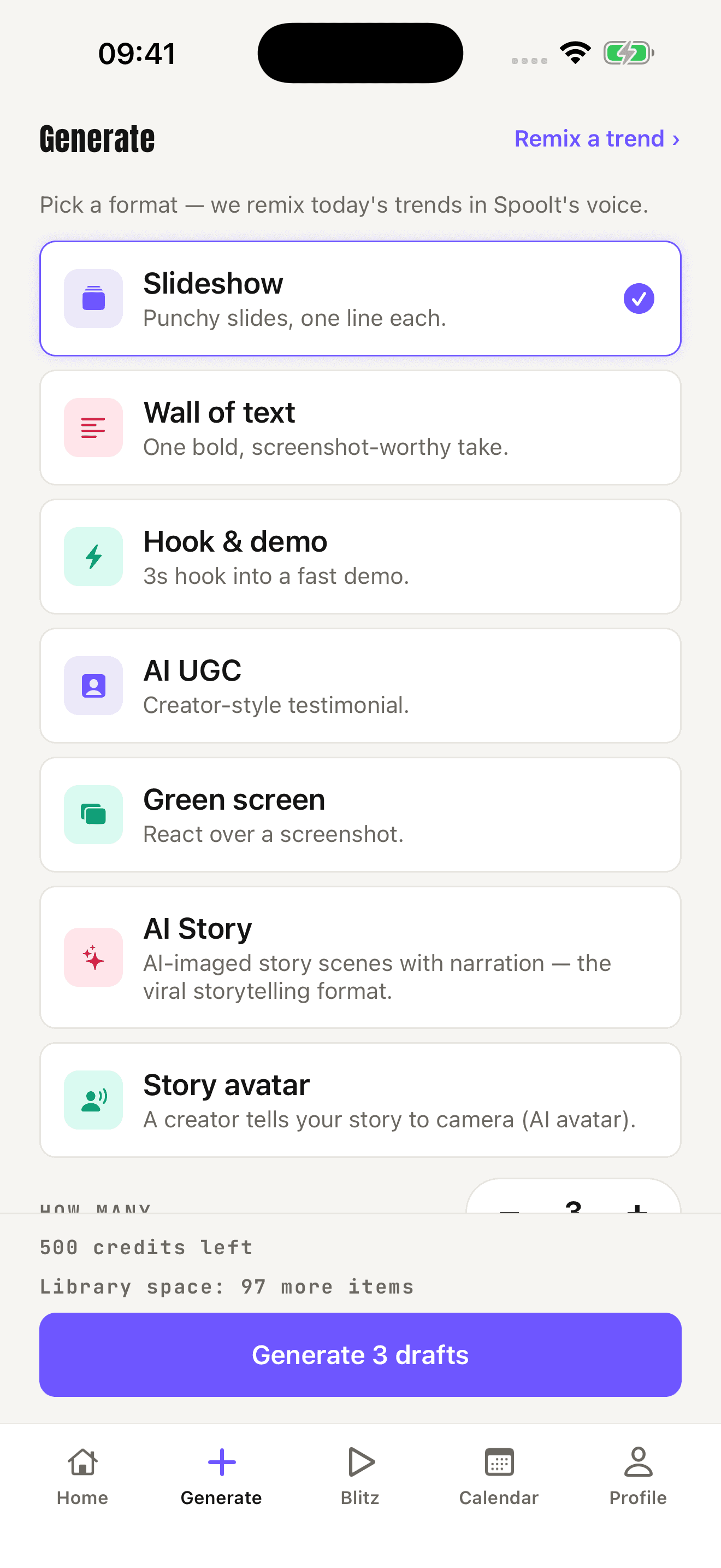 Spoolt iOS app showing its seven video formats and the generate action