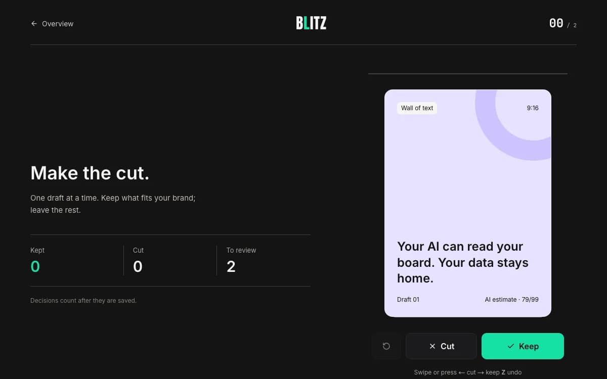 Spoolt Blitz screen showing one draft card with cut, keep and undo controls