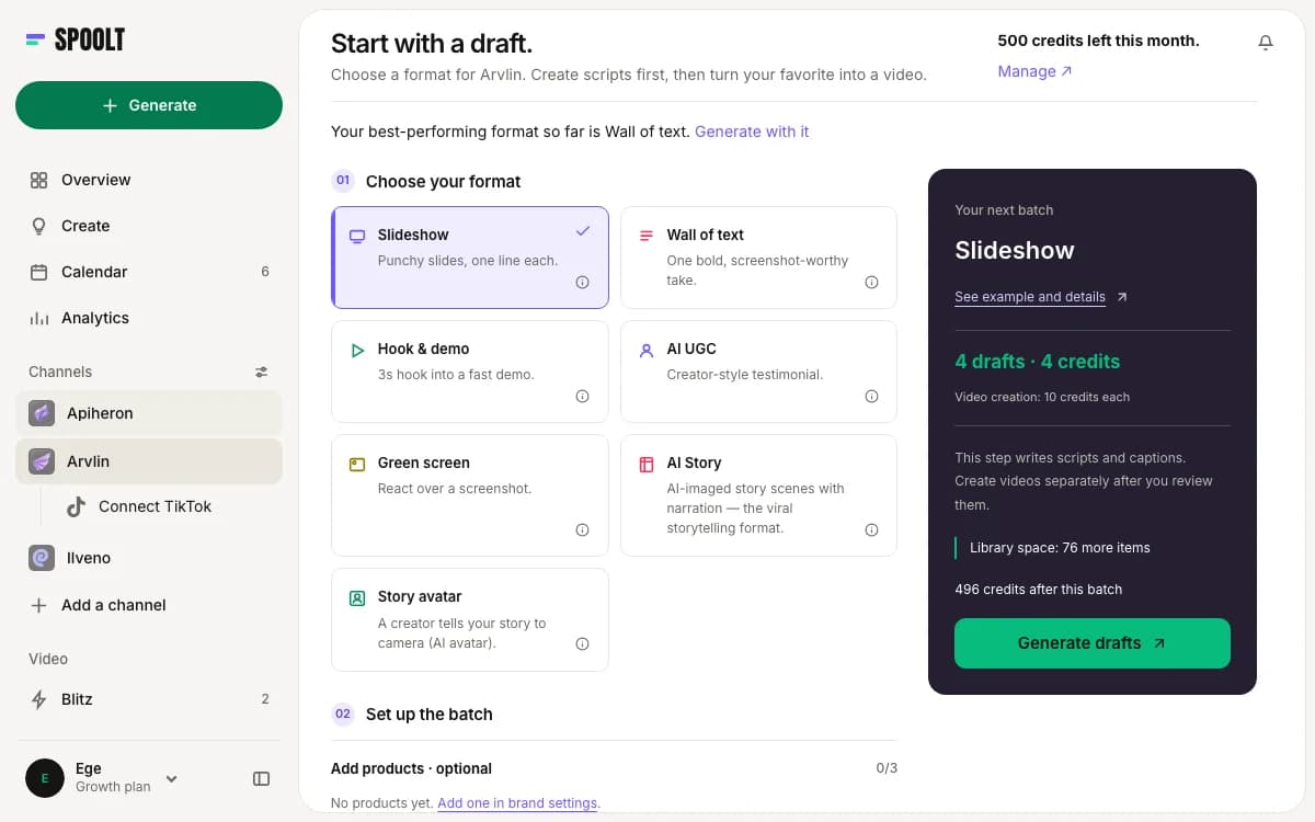 Spoolt Generate screen with the seven format choices and a summary of the next batch