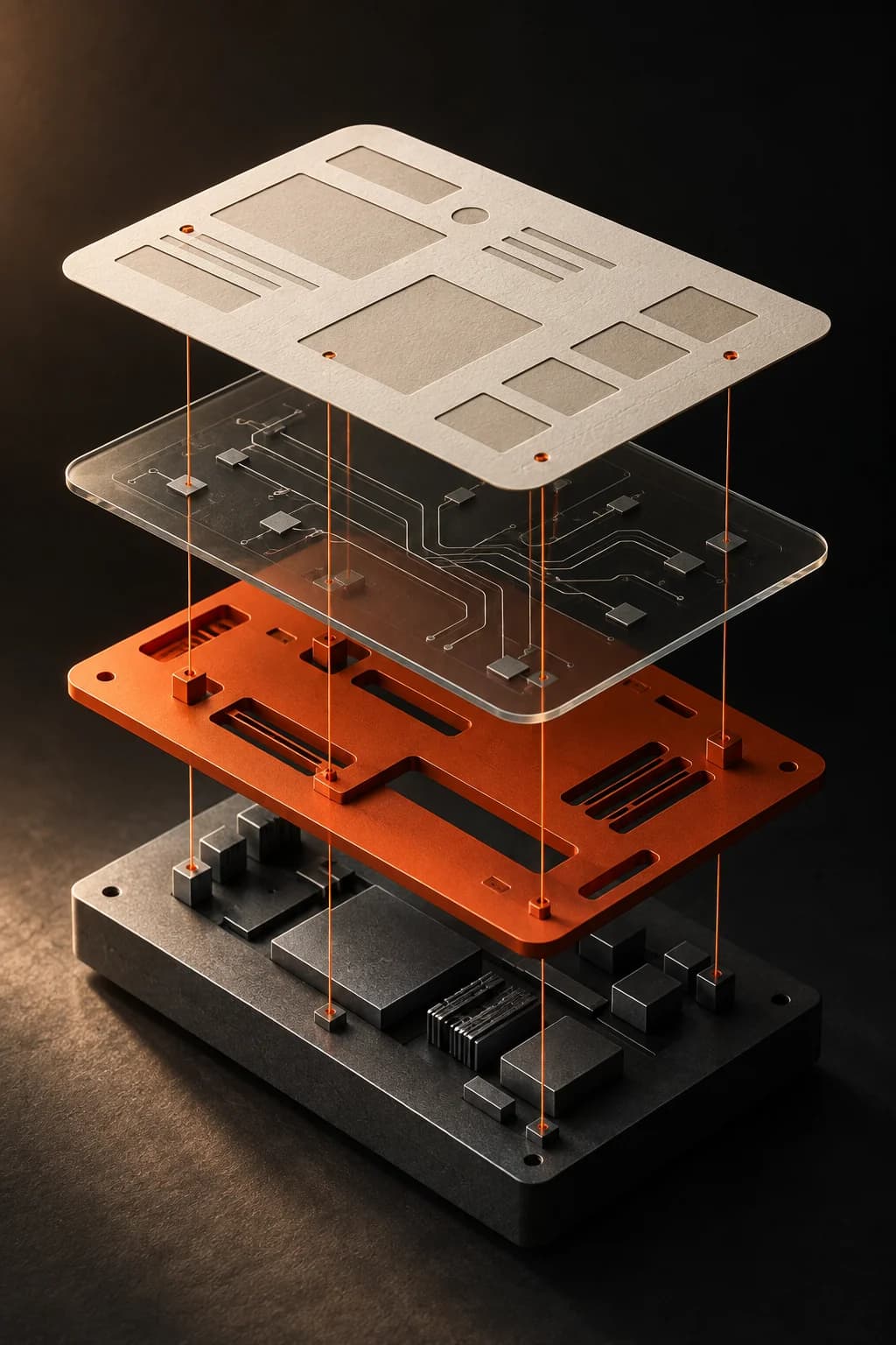 A product model with a paper interface, glass connections, orange metal and a dark foundation.