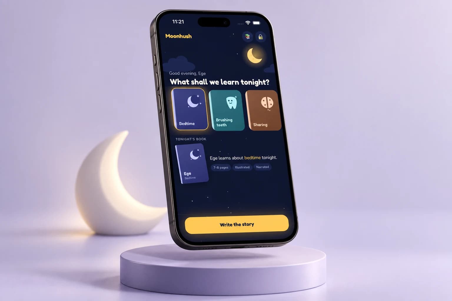 Moonhush on an iPhone, showing tonight's story themes