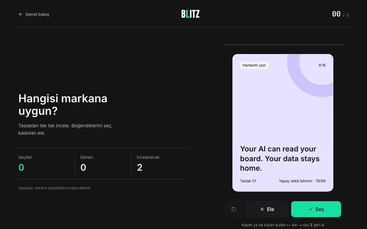 Eleme, tutma ve geri alma kontrolleriyle tek bir taslak kartı gösteren Spoolt Blitz ekranı