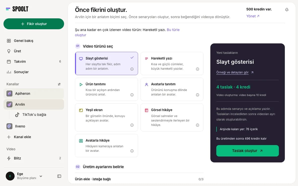 Yedi format seçeneği ve sıradaki grubun özetiyle Spoolt Oluştur ekranı