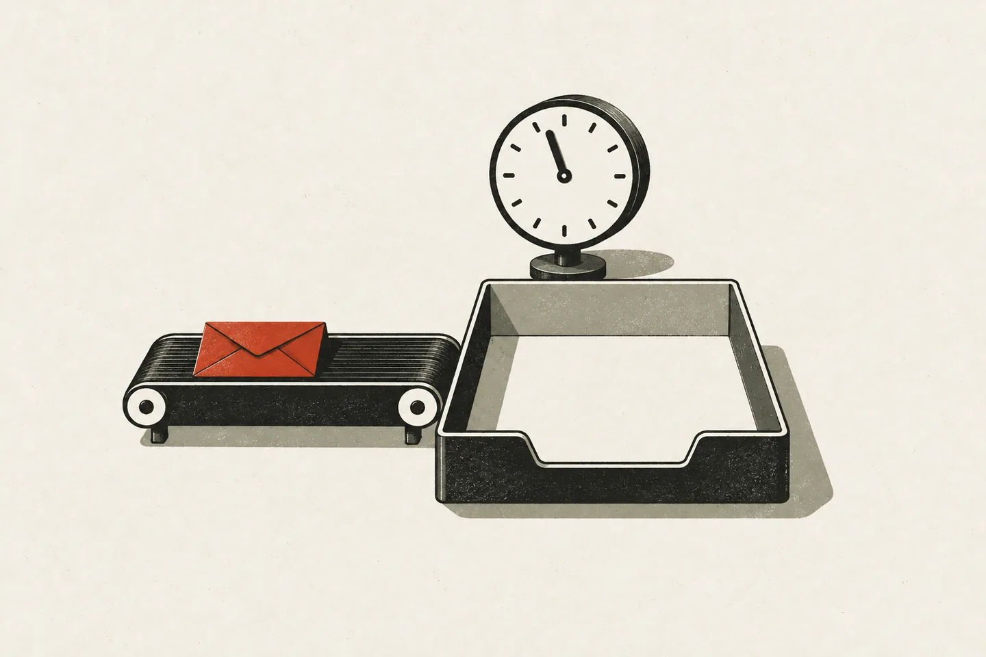 Illustration: an empty letter tray with a round clock behind it, and a red envelope on a conveyor belt that has not reached the tray yet.