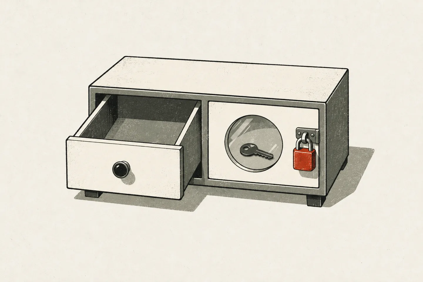 Illustration: a low cabinet with two drawers, the left one open and empty, the right one shut with a red padlock, a key visible inside through a round window.