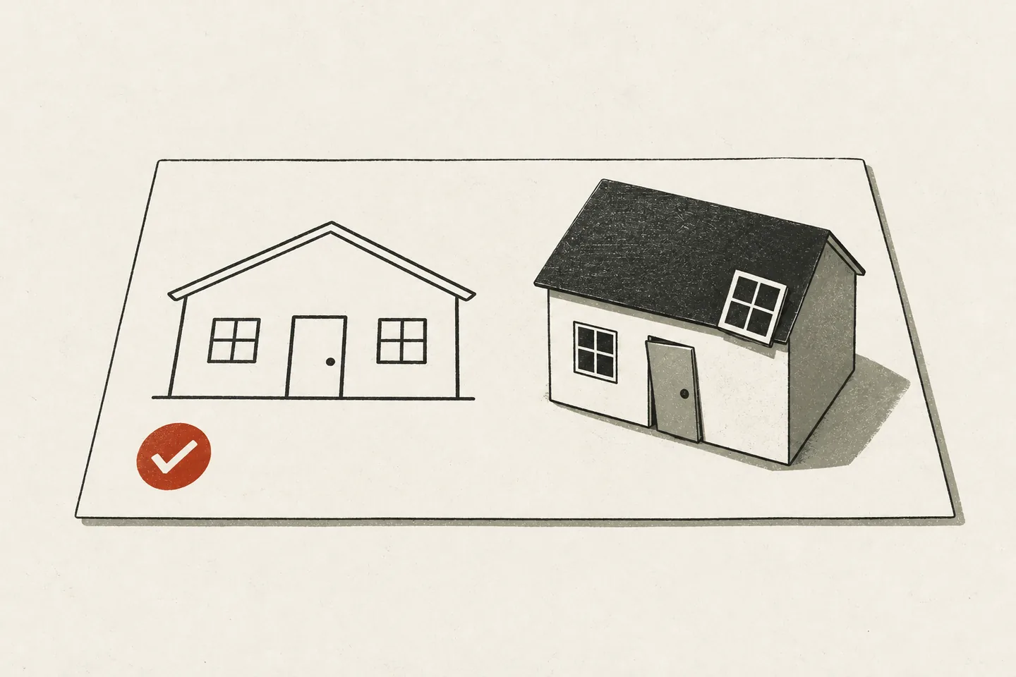 Illustration: a drafting sheet with a neat outline of a house and a red approval seal; the model built on it has a crooked door and a window up on the roof.
