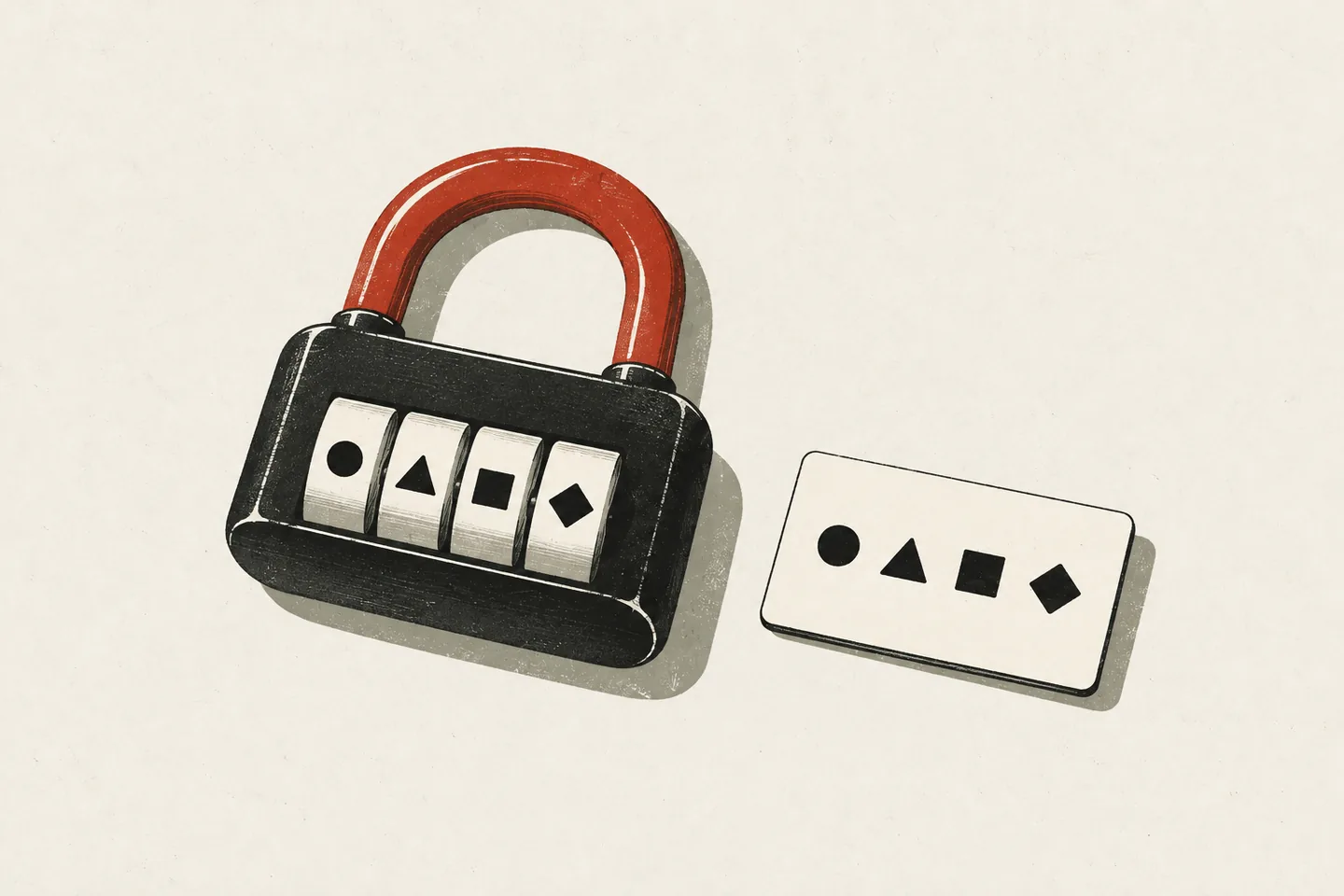Illustration: a combination padlock whose dial shows the same four shapes as the card beside it, while its red shackle is still closed.