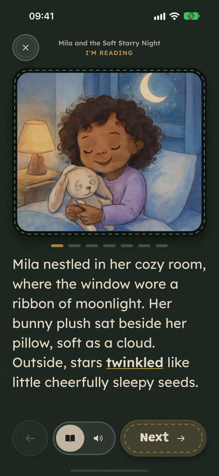 Page one of the Moonhush story “Mila and the Soft Starry Night”: a picture of a child hugging a toy bunny, and below it the page text with one word highlighted.