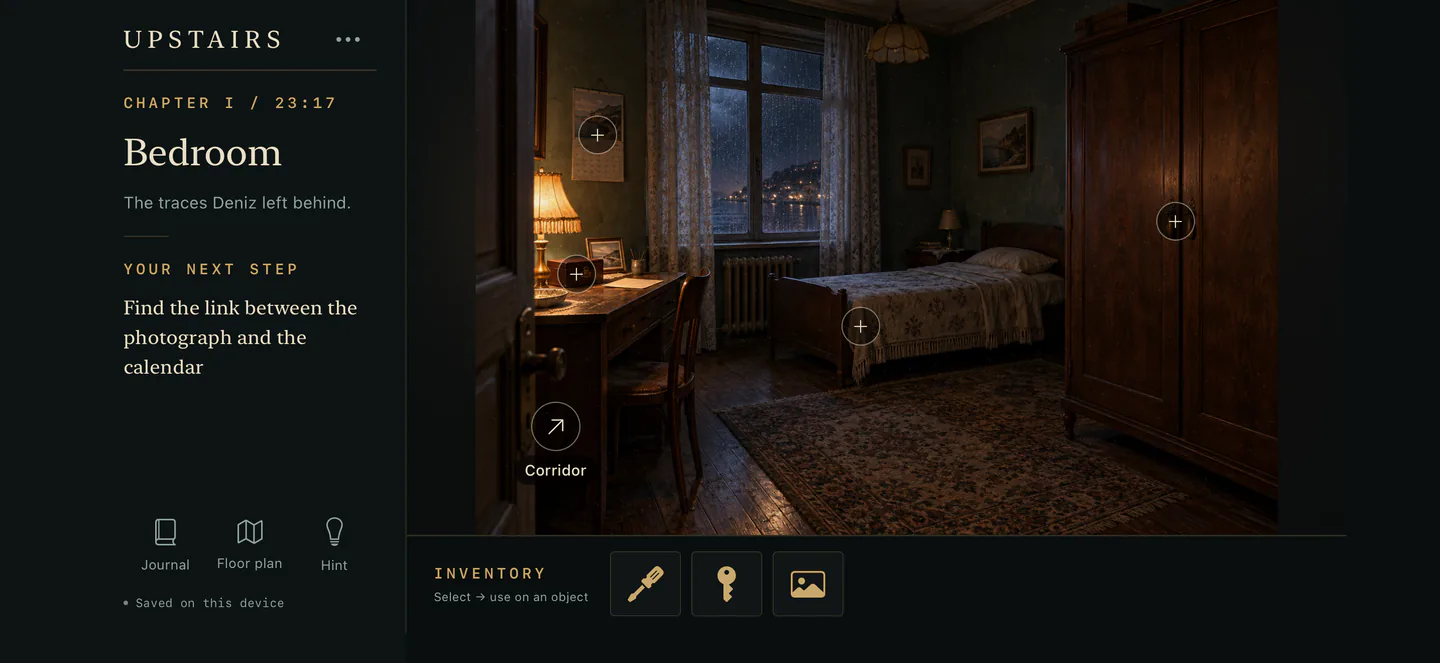 The bedroom in Upstairs at night: a small box on the desk and a calendar on the wall, each under a plus marker.