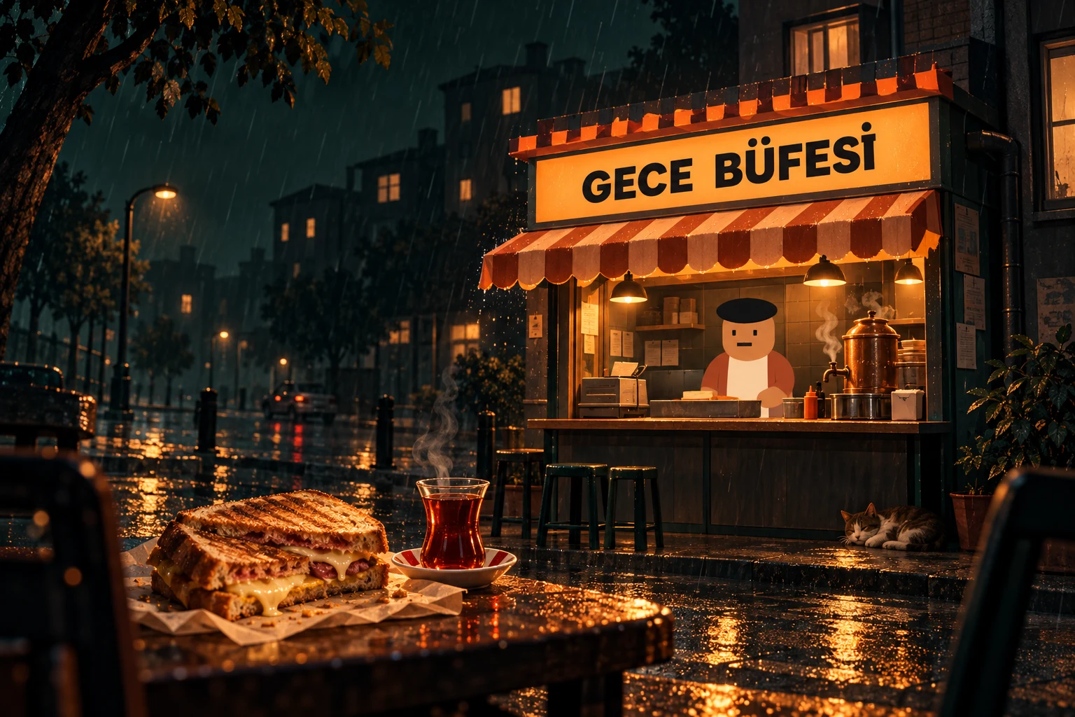 Gece Büfesi — Oyun için hazırlanan tanıtım görseli; gerçek oynanış ekranları aşağıdadır.